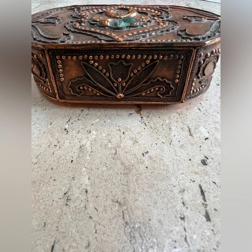 Vintage Art Nouveau Style Handmade Albanian Stamped Cooper Jewelry/Trinket Box